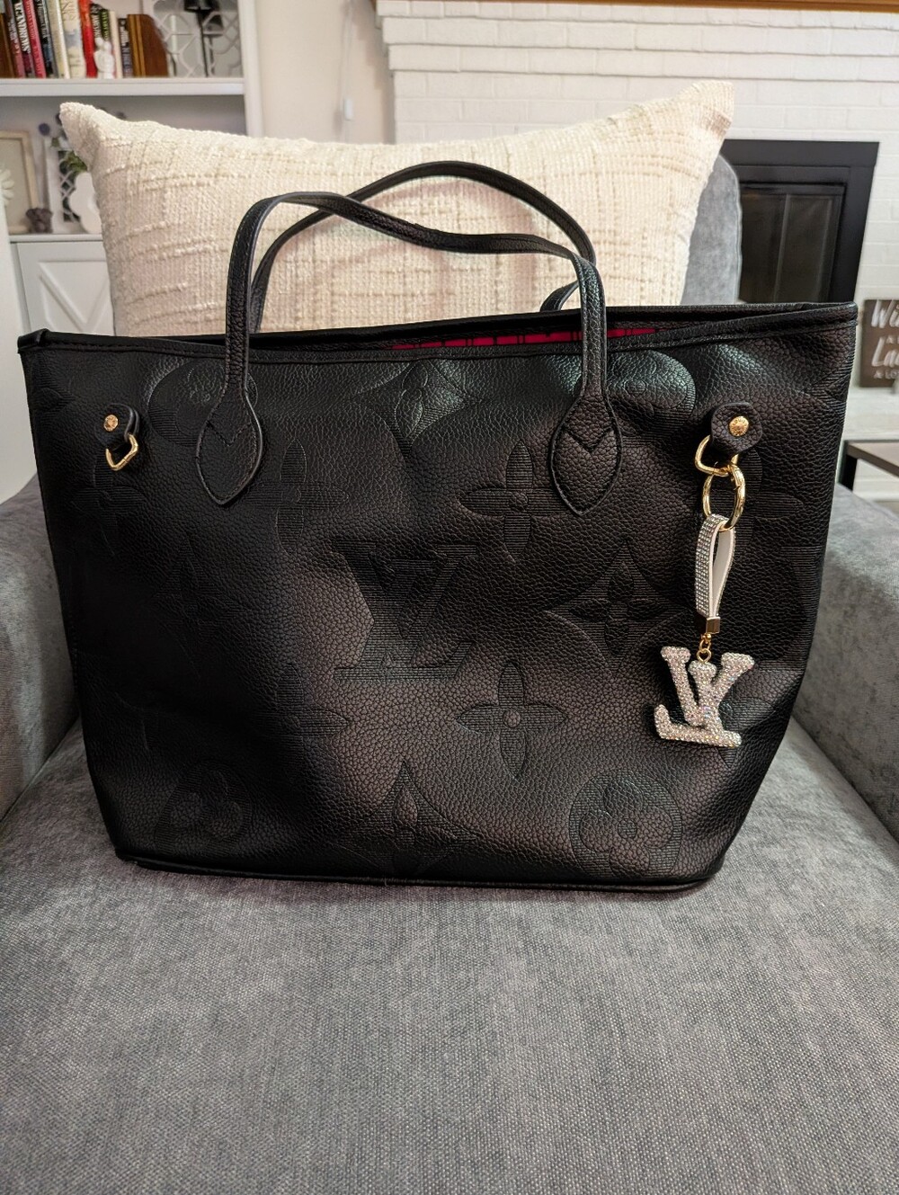 Designer Inspired Black Monogram Embossed Leather Tote